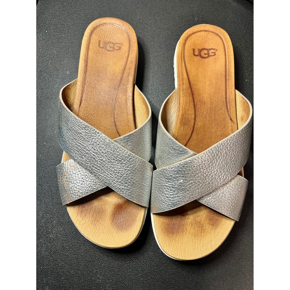 UGG Kari Metallic Silver Leather Criss Cross Slide Sandals Womens 7 1102911